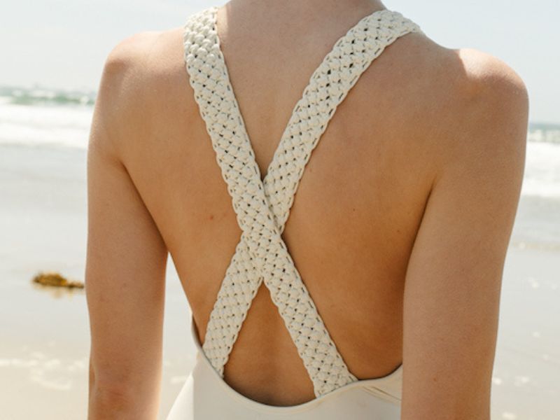 One-piece swimsuit with handwoven macrame shoulder straps