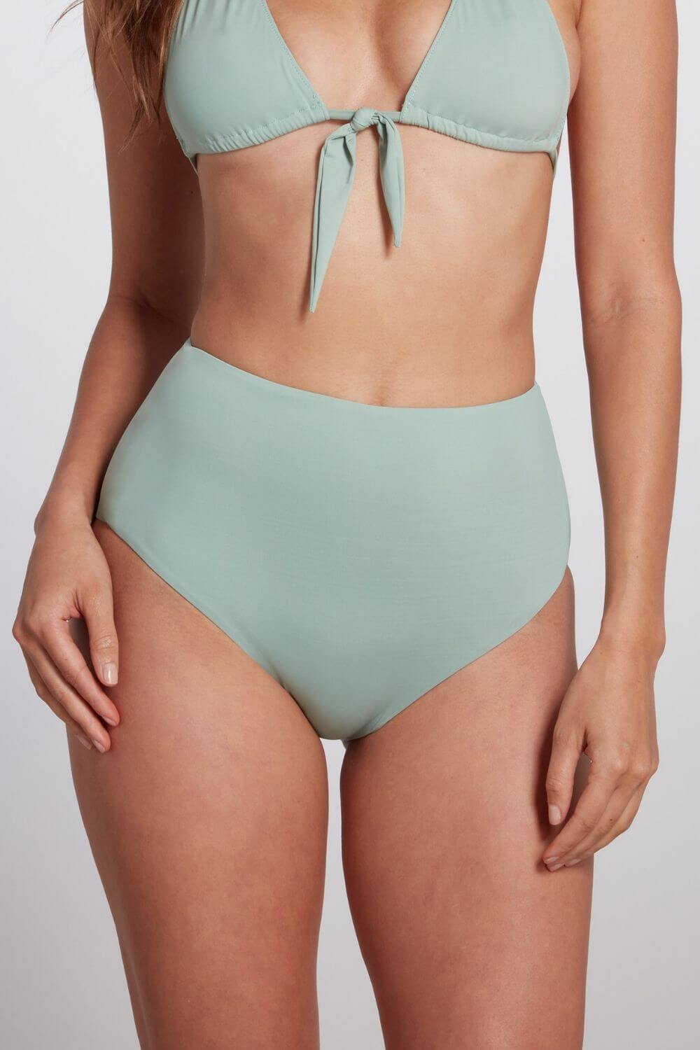 Elegant high waisted bikini bottom in sage green.