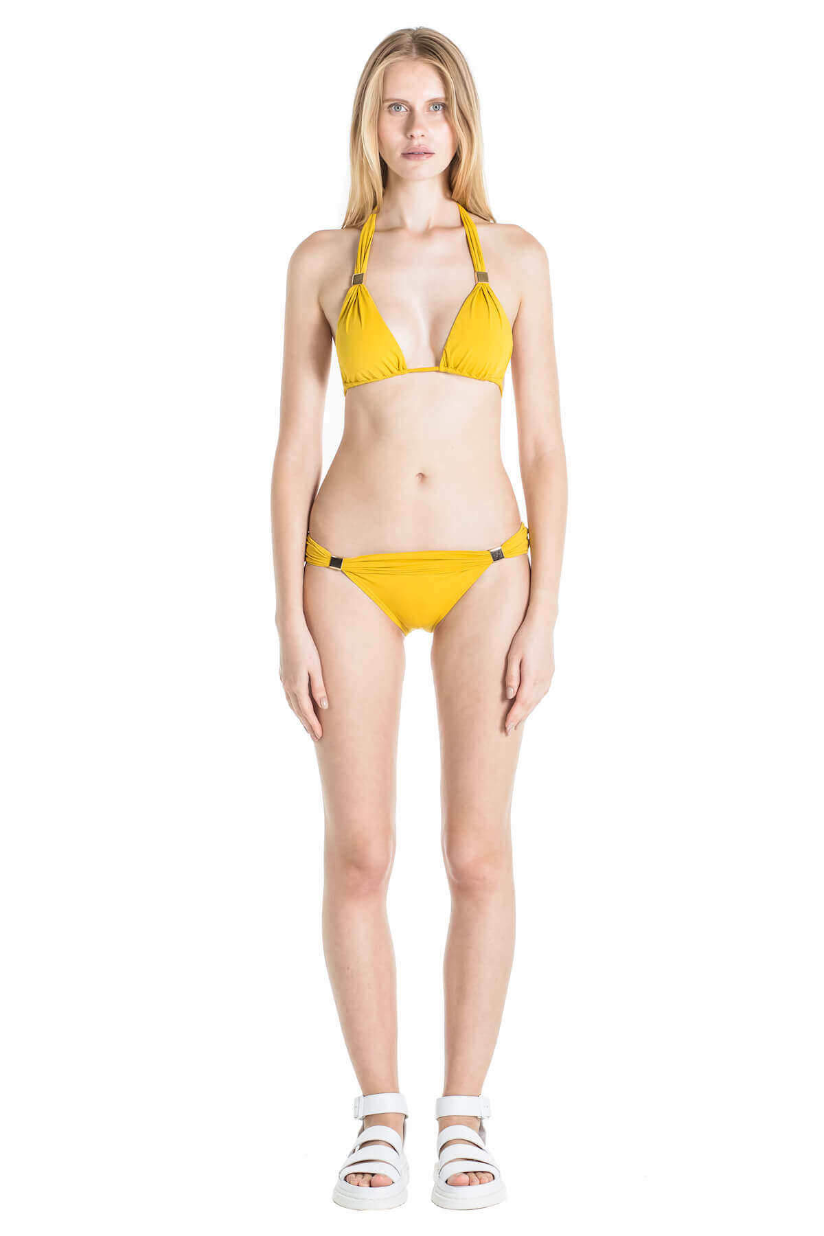 Front of Nina halter bikini top in Mustard.