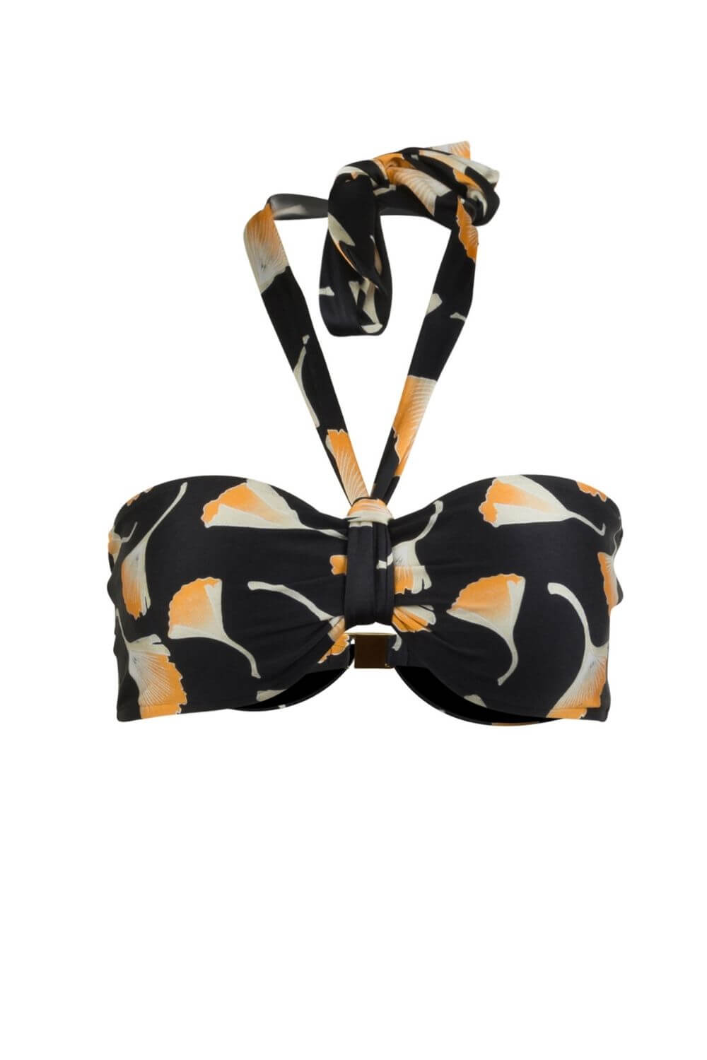 Bandeau bikini top in luxurious black print. Closes on back with a gold-tone clasp. Removable straps.