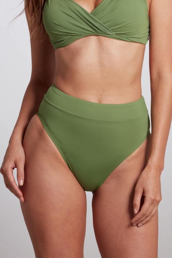 Green high waisted, high leg cut bikini bottom.