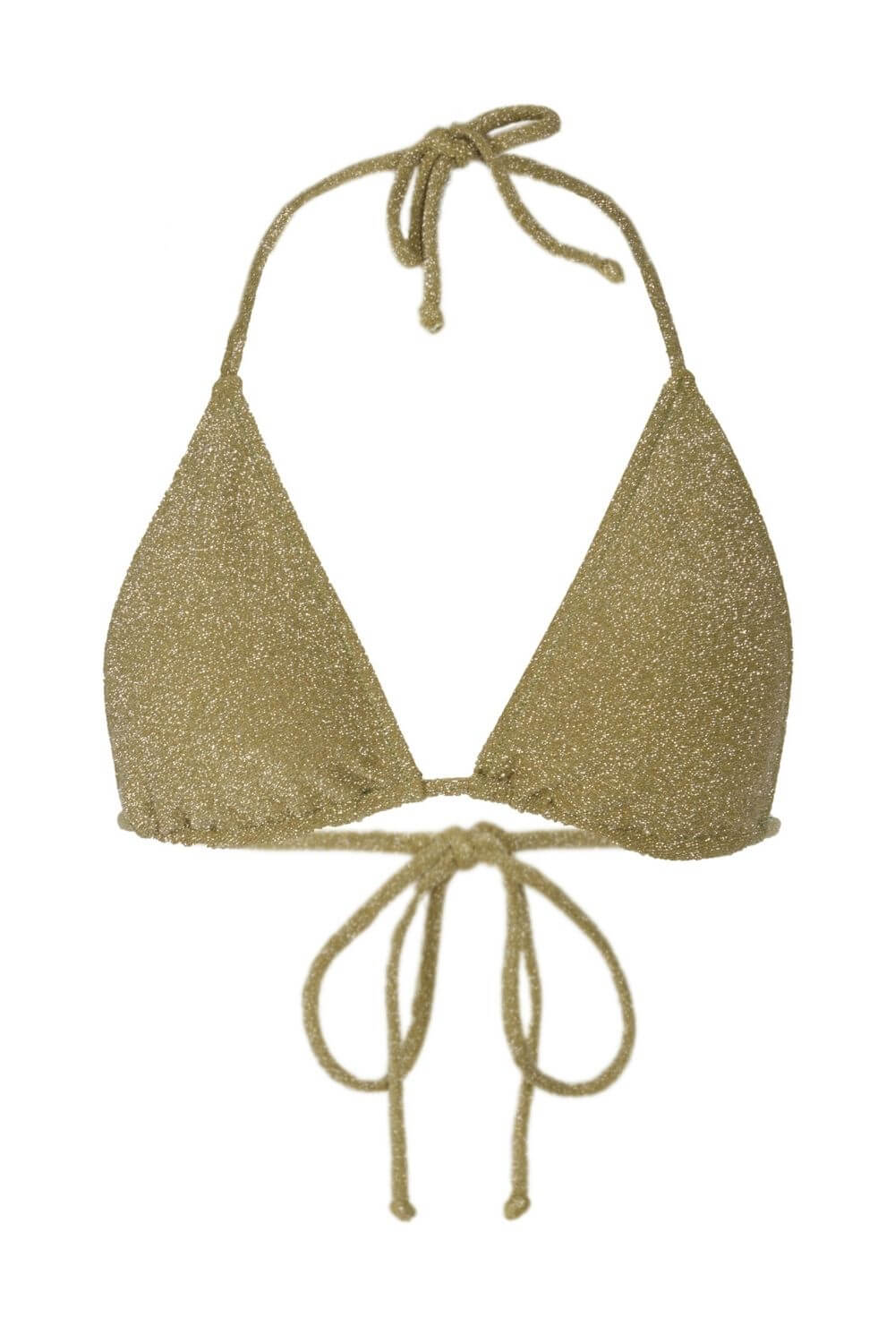 Sliding triangle bikini top in green lurex.