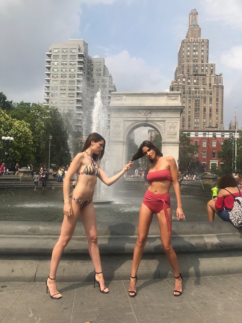 Front of Giovanna high rise swimsuit in Terracota. Washington Square Park, NYC.