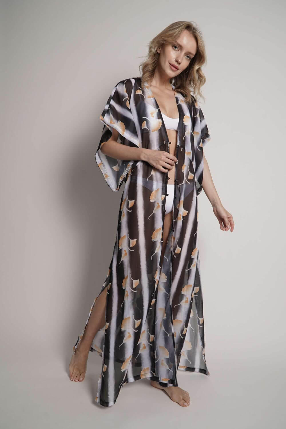 Maxi cover-up long kimono style with front buttons.