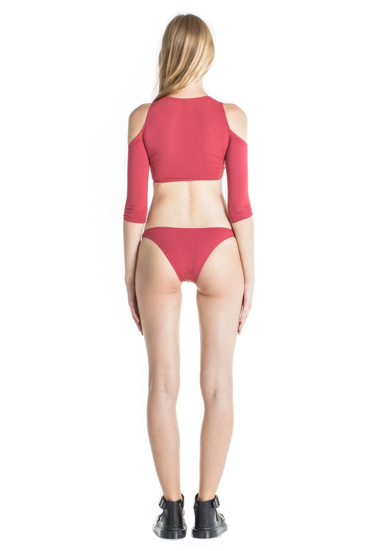 Back of Clara long sleeve crop top bikini in Terracotta.