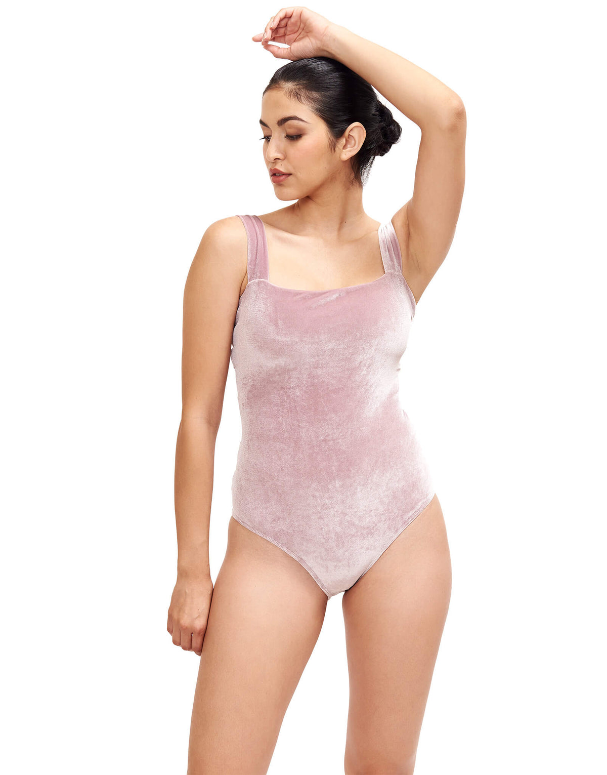 Front of Donatella One Piece Designer Swimwear in Blush Velvet