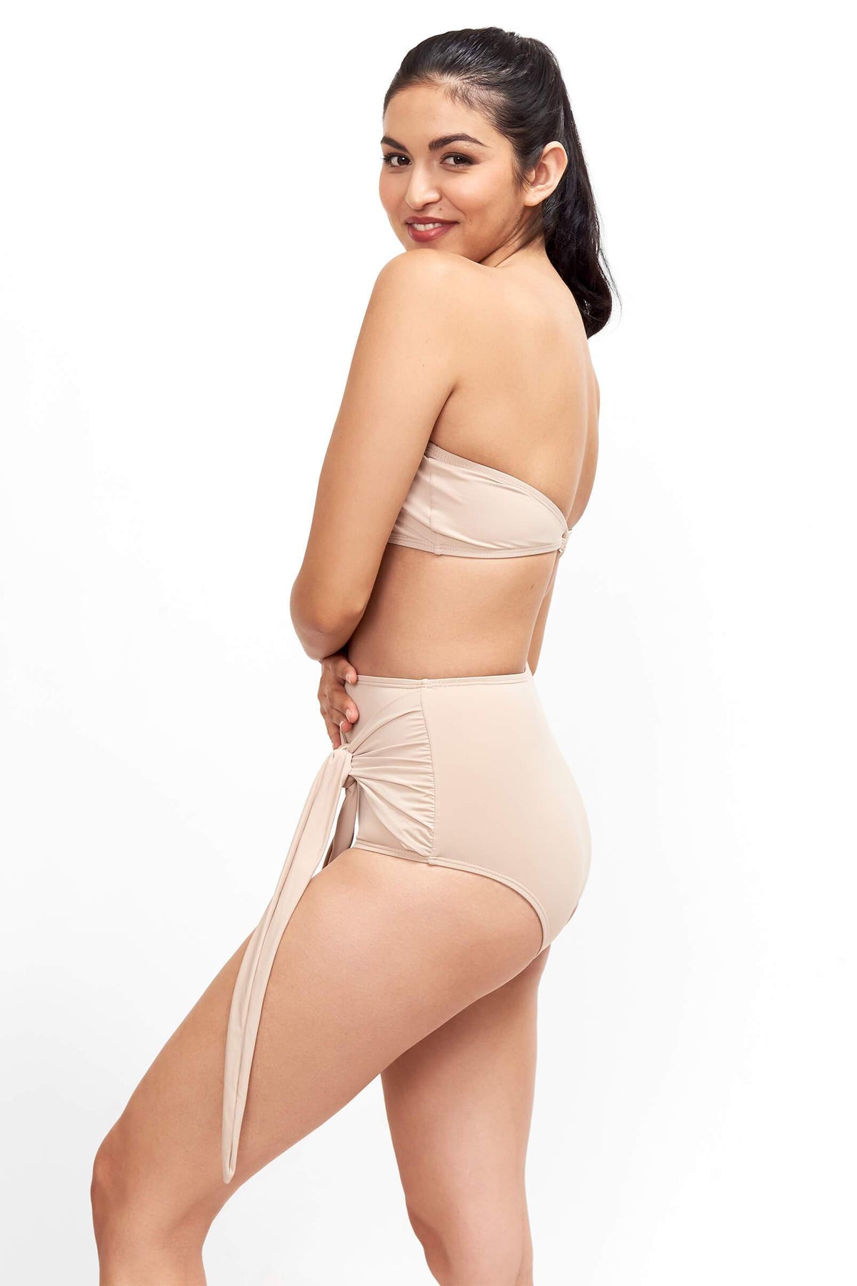 Side of Giovanna high waisted swimsuit bottom in Camel