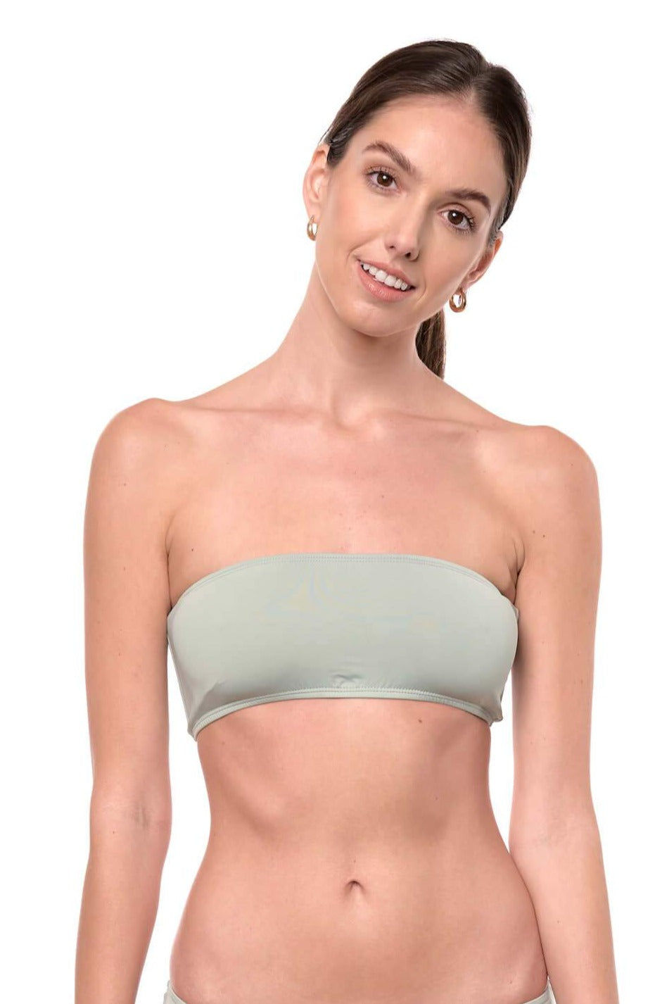 Model shows the front of the Giovanna Bandeau bikini top in sage green.