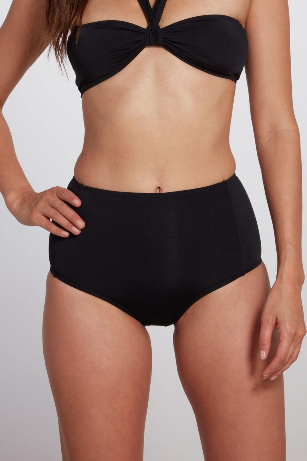 Elegant retro high waisted bikini bottom in black.