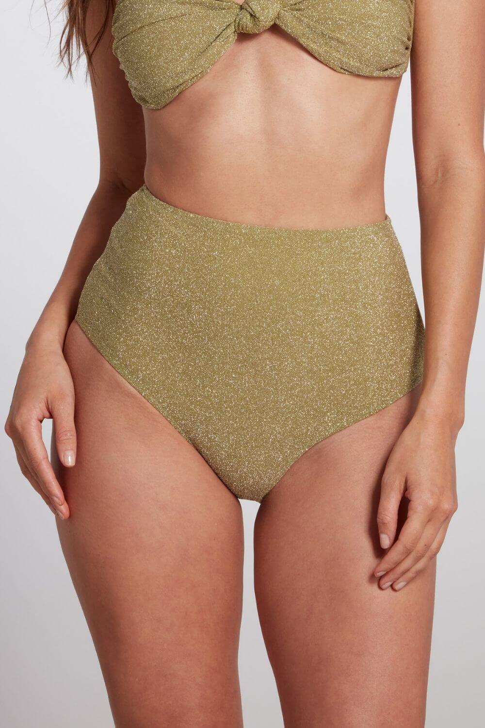 High waist bikini bottom in glitter lurex green.