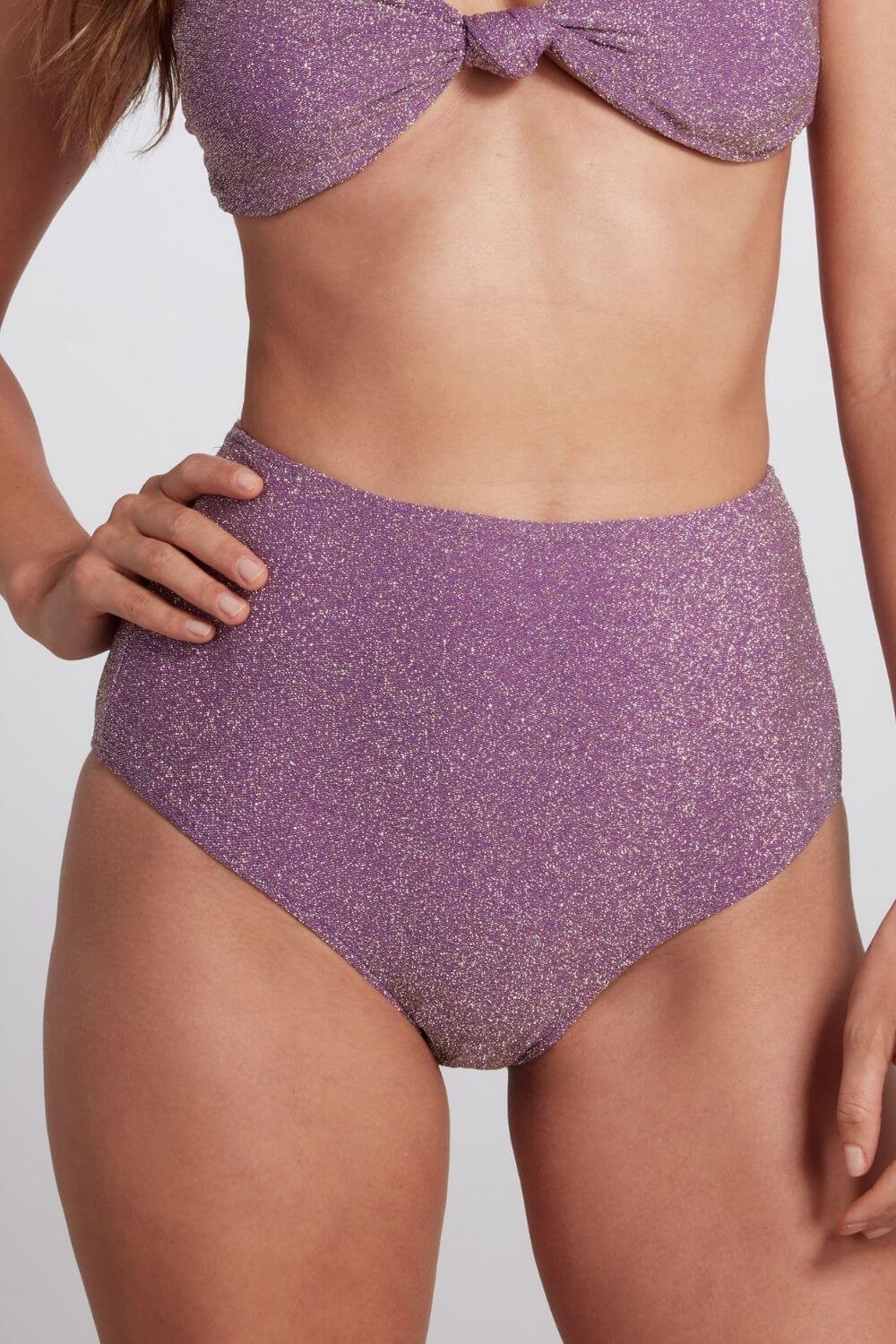 High waist bikini bottom in glitter lurex lilac.
