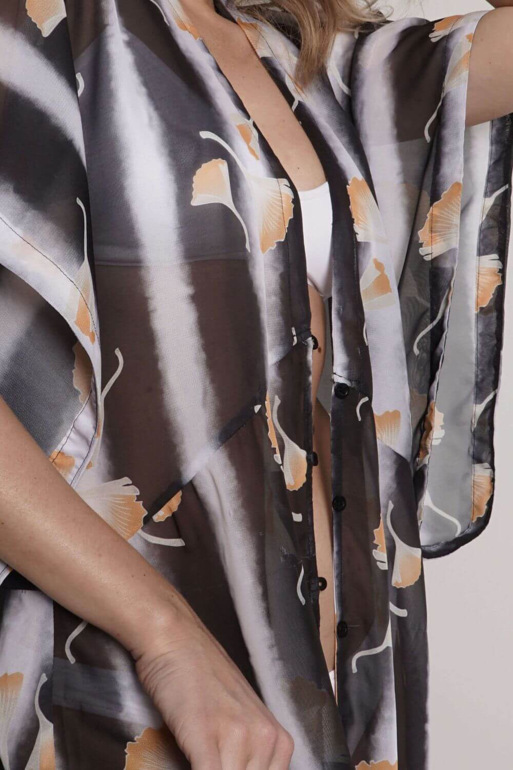 Maxi cover-up long kimono style with front buttons.