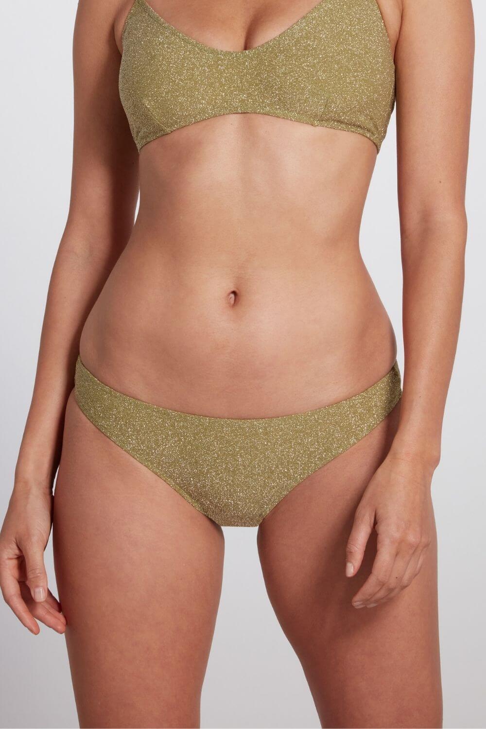 The Jenna low rise bikini bottom in lurex green is a classic brief with great coverage. 