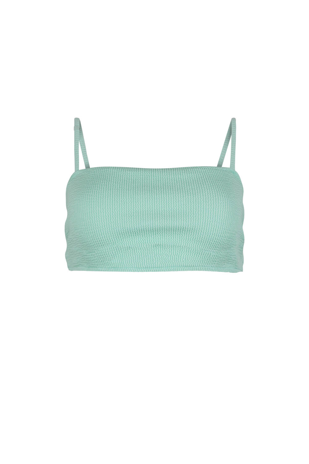 The Mila bikini top in aqua texture fabric.