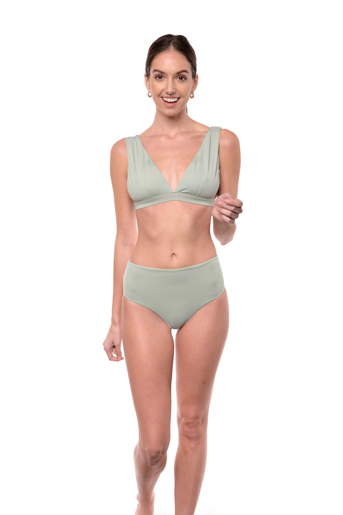 Model shows the front of the Natalie bikini top in Sage green