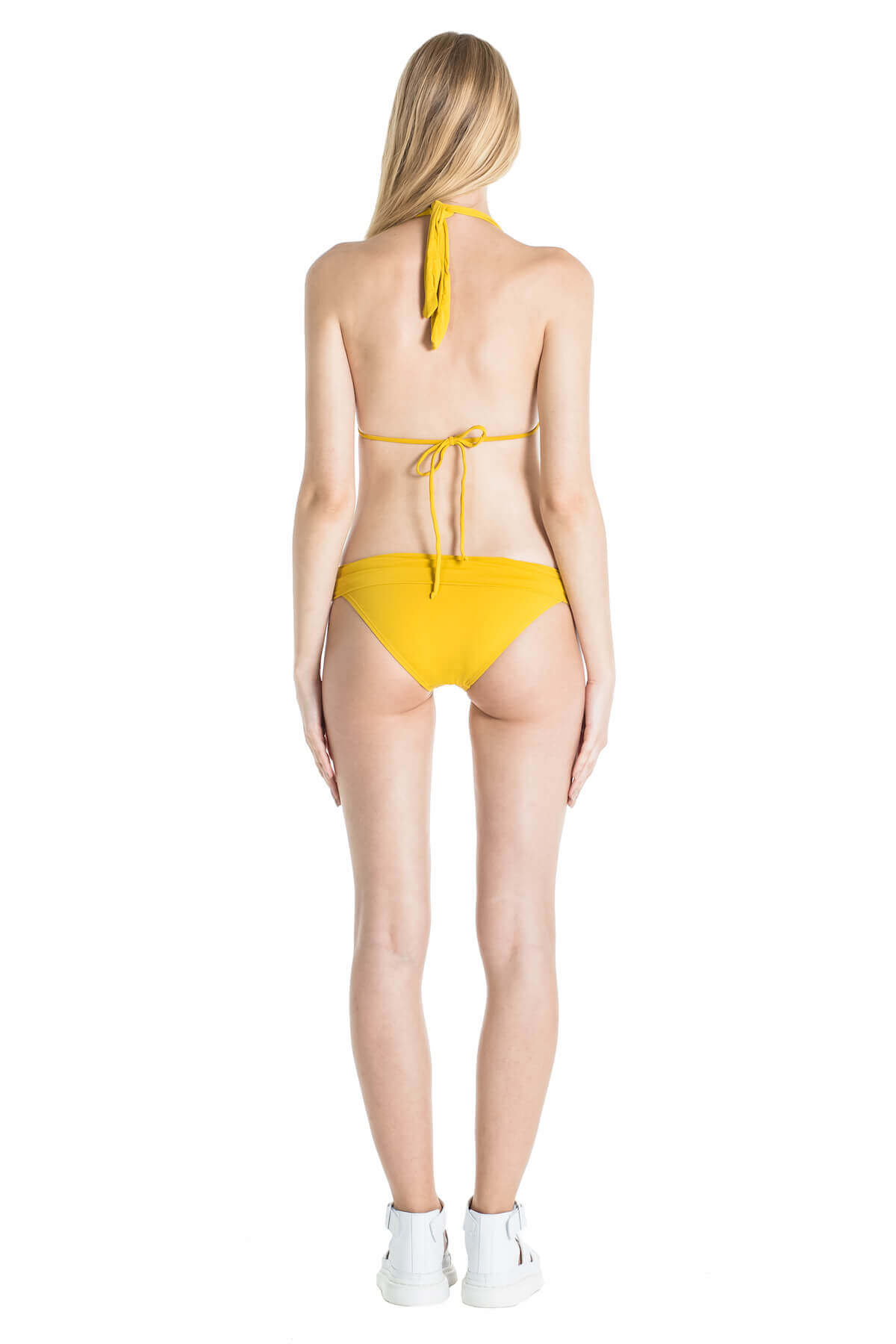 Back of Nina halter bikini top in Mustard.