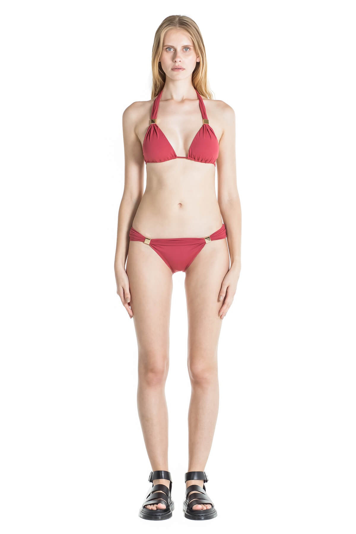 Front of Nina halter bikini top in terracotta