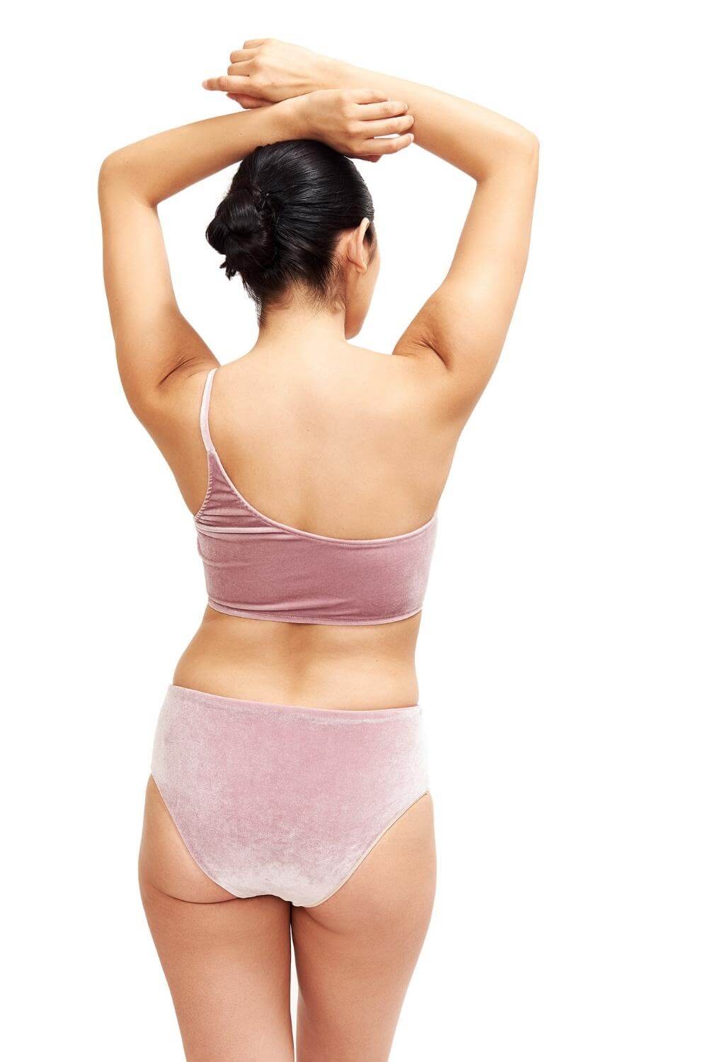 Back view of the pink velvet hipster bikini bottom.