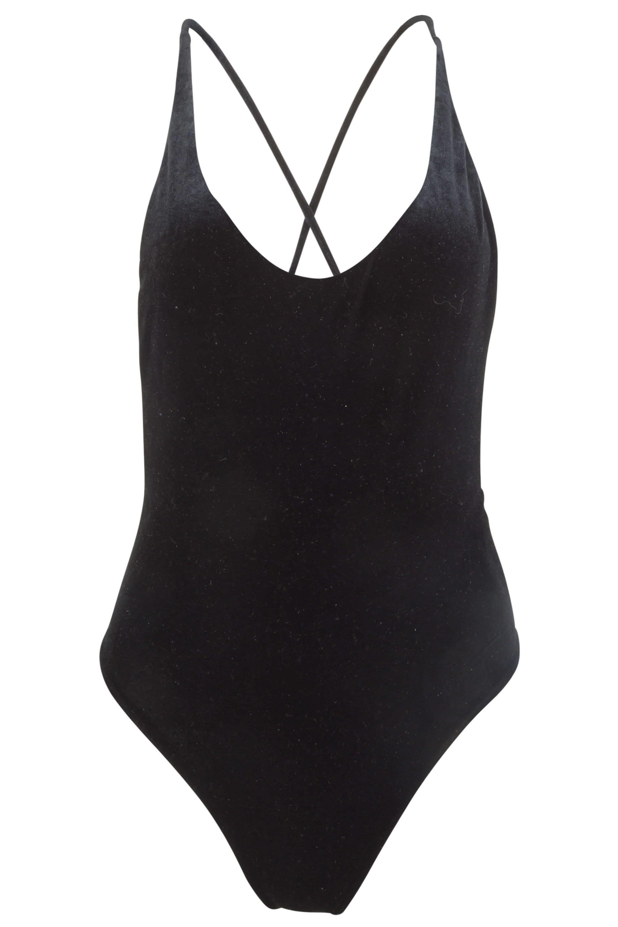 Front view of Zoe black velvet one piece swimsuit.