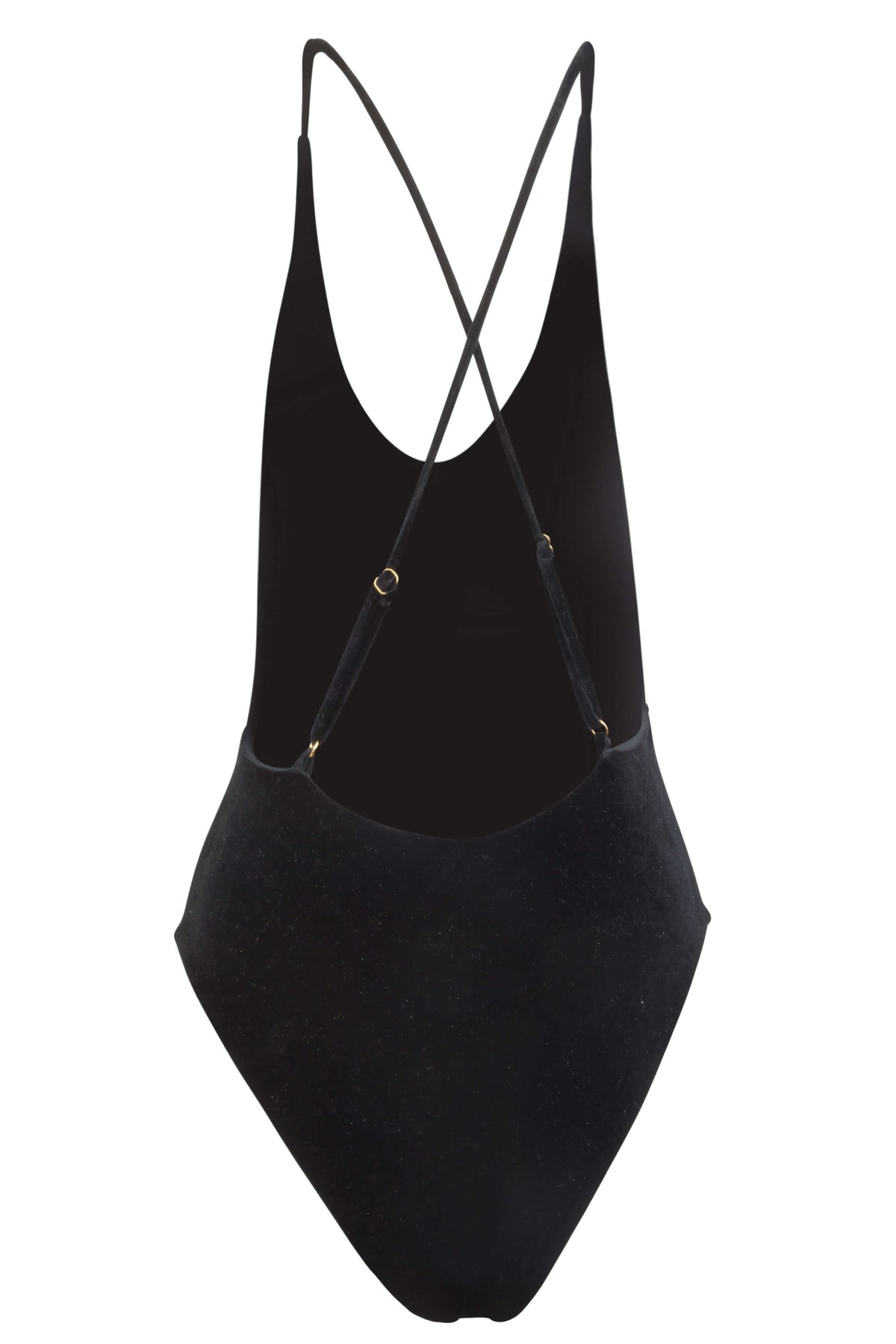 Back image of Zoe black velvet one piece showing the criss-cross, adjustable shoulder straps.