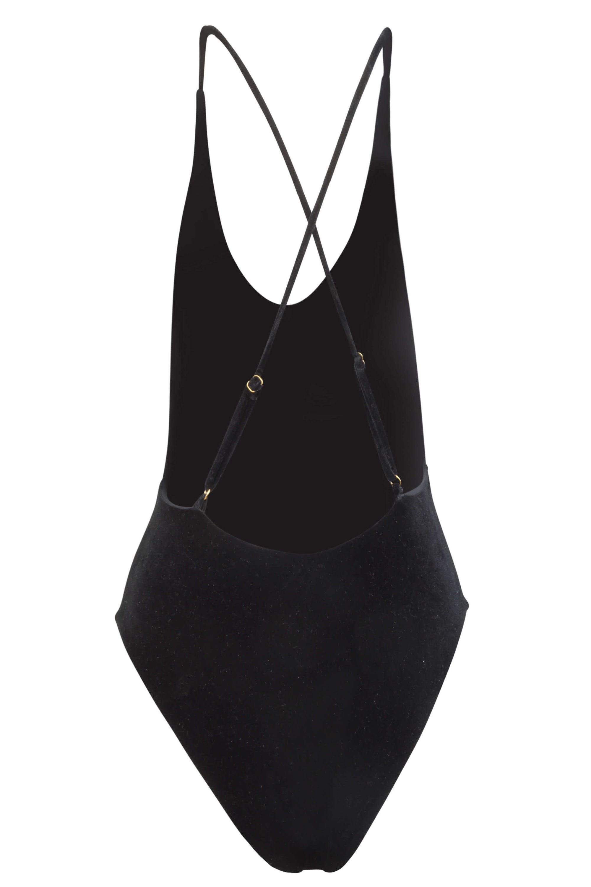 Front view of Zoe black velvet one piece swimsuit.